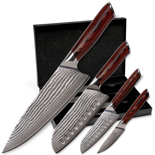 Set 4A (Chef Knife XL + Santoku Knife XL + Santoku Knife L + Paring Knife S) - Wolfblood RED